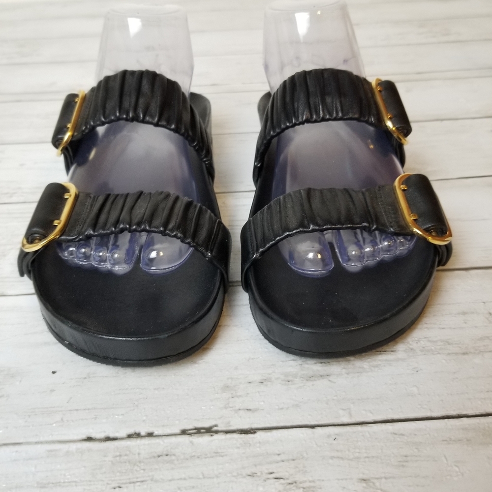 Stuart Weitzman Shalene Leather Black Ruched Strap Slide Sandals - Picture 4 of 11